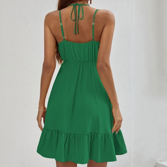 boho Double Strap v neck ruffle hem dress Green - Picture 10 of 15
